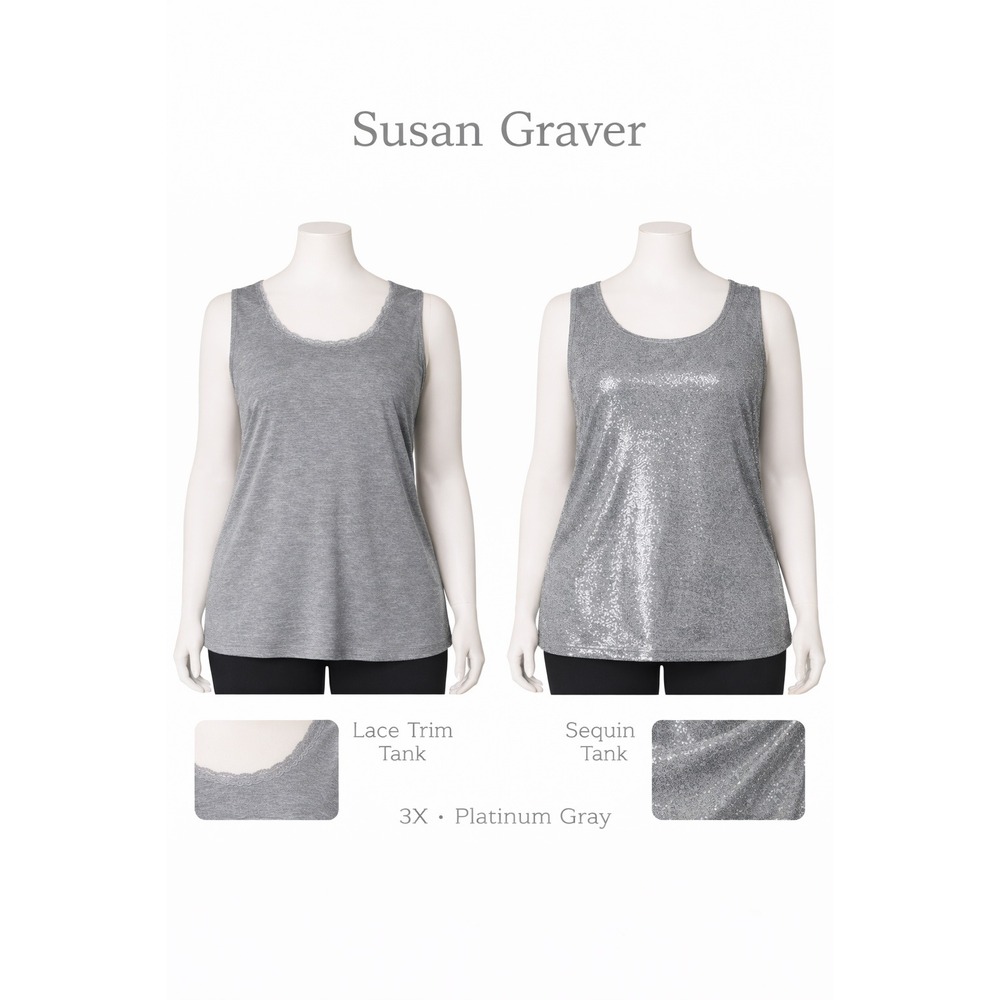 Susan Graver Platinum Gray Sequin Sparkle and Lace Trim Tank Top Set‎ 2pc 3X